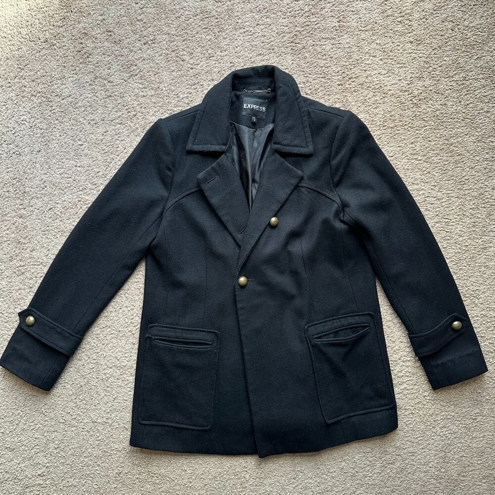 Express Pea Coat Womens Large Wool Blend Black Buttons Pockets